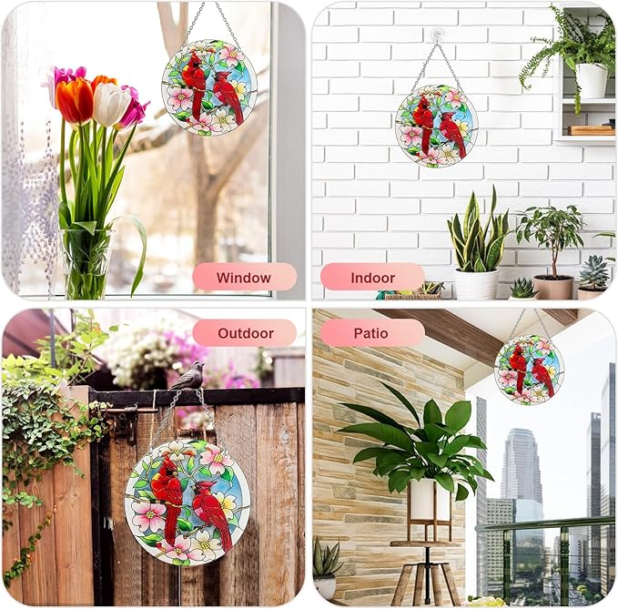 AUFURI Large Size Cardinal Suncatcher - 8.6 inch Stained Glass Window Hanging - Pairs of Red Cardinal Birds - Cardinal Gifts for Women, Hand Painted Glass Cardinal for Birds Lover, Window (8.6inch)