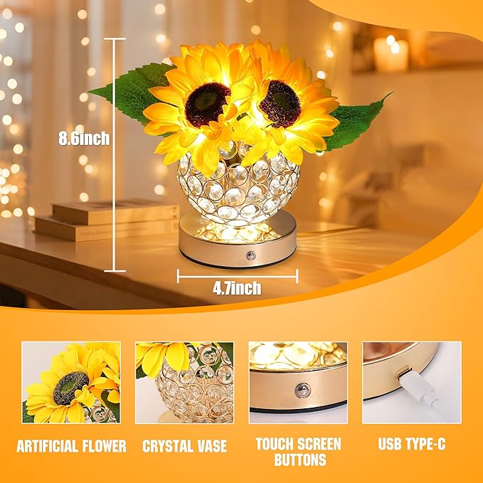Sunflower Flower Lamp for Women Gifts, 3 Color Dimmable Night Light, Rechargeable Cordless Touch Table Lamp for Womens Mom Wife Friends Girlfriend Her Gifts, Perfect for Bedroom Bar Coffee Shop