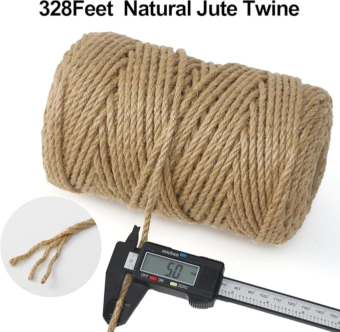Jute Twine String,328 Feet 5mm Natural Jute Rope,3ply Thin Ribbon Hemp Twine for Gift Wrapping Craft Plant Garden Christmas Handmade Arts Decoration Packing String Home Decor