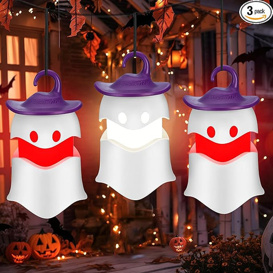 EverBrite 3-Pack Halloween Hanging Ghost Lights, Collapsible Ghost Camping Lantern, Two Color Changing, Indoor/Outdoor Halloween Spooky Party Decorations, Battery Included