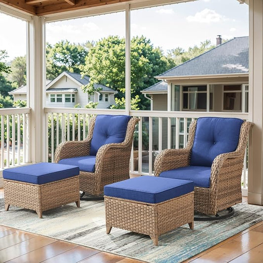 4 Pieces Patio Furniture Sets, Wicker Patio Swivel Glider Chair with Ottomans, Outdoor Furniture Set for Outside Porch, Deck, Balcony, Garden, Yellow