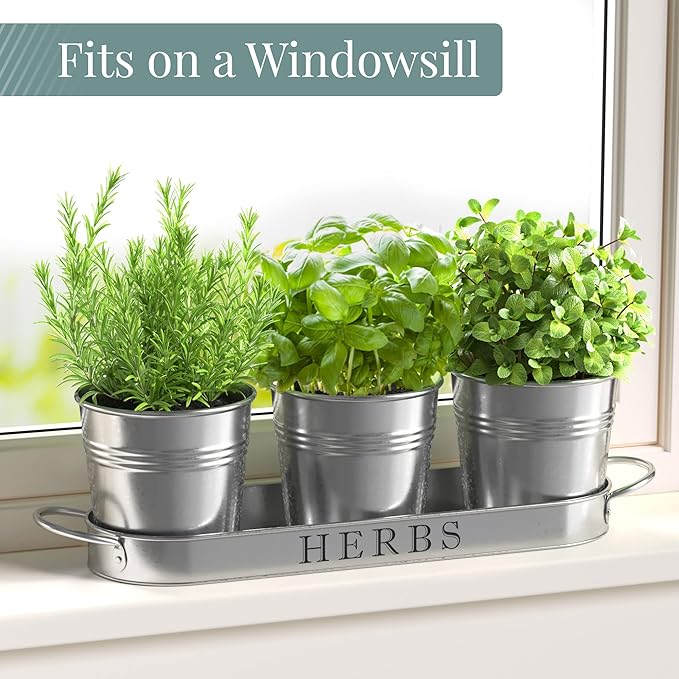 Barnyard Designs Indoor Herb Garden Planter Set with Tray, Metal Windowsill Plant Pots with Drainage for Outdoor or Indoor Plants, Set/3 (Galvanized)