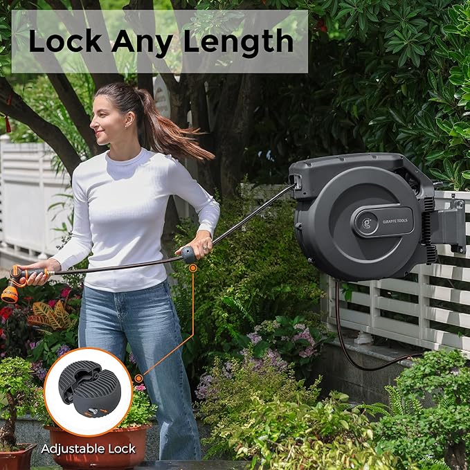 Giraffe Tools AW505/8 Retractable Garden Hose Reel 5/8" x 115+5 ft, Heavy Duty Wall Mounted Water Hose Reel Automatic Rewind, 180 Deg Swivel Bracket, Slow Retraction, 115ft, Dark Grey