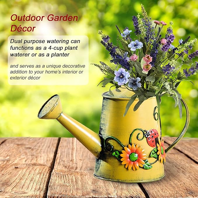 Decorative Sunflower & Ladybug Metal Watering Can (Vol: 4 Cups) | Small Yellow Watering Can | Garden Décor Housewarming Gift for Mother Women Friends Gardeners