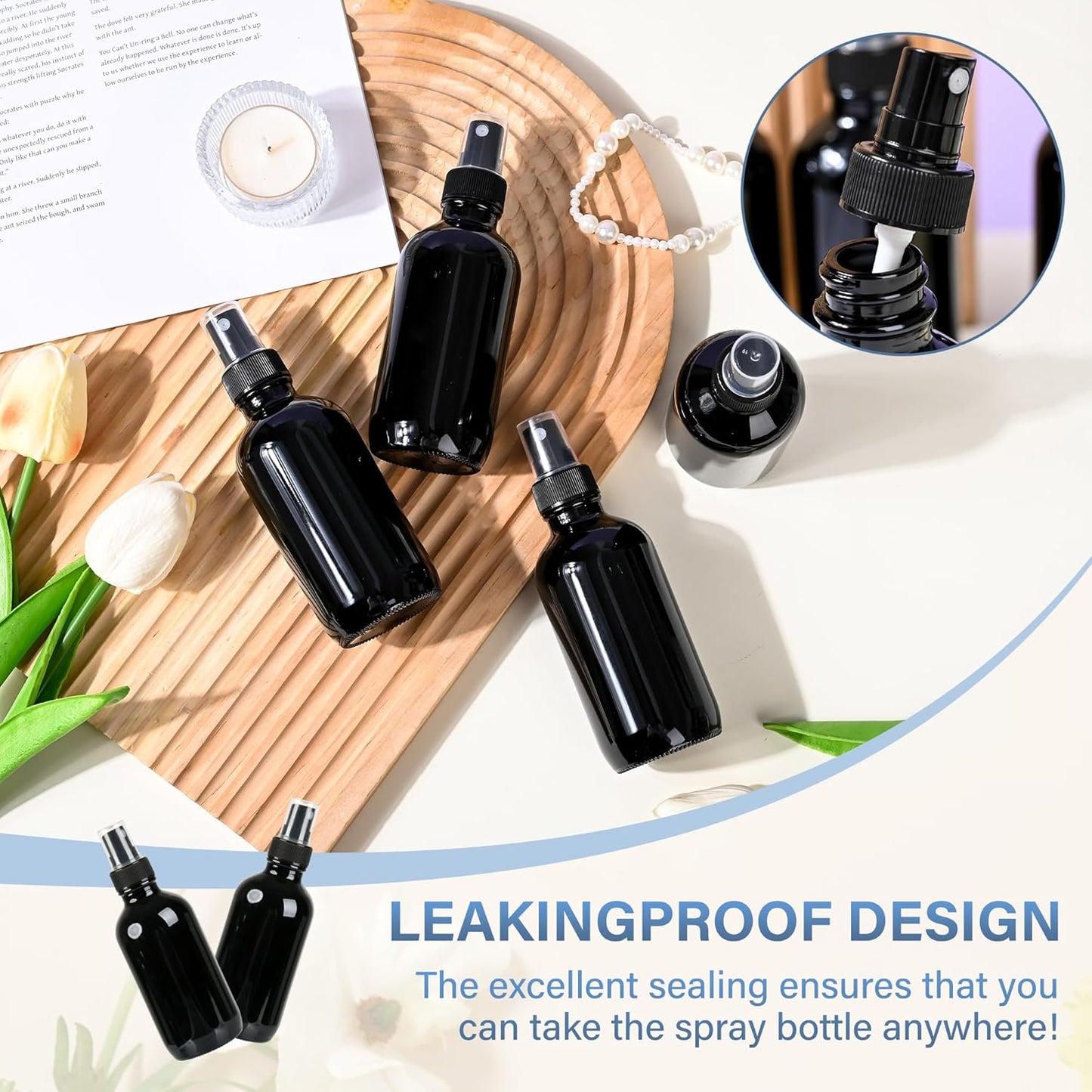 4 PCS, 4 oz Black Glass Mini Spray Bottles, Fine Mist, Refillable Containers for Cleaning Solutions and Skin Care