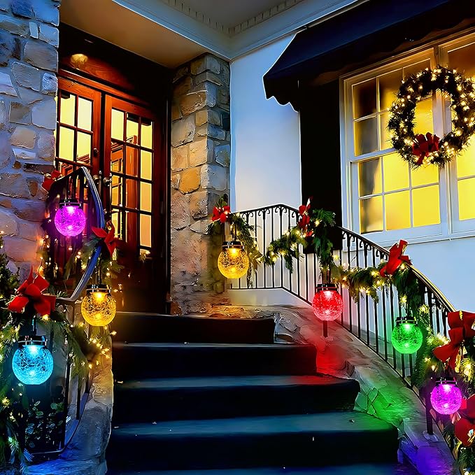 DBF Solar Lanterns Outdoor Waterproof, 2 Pack Hanging Solar Lights Outdoor, LED Cracked Glass Ball Globe Lantern Garden Decor for Patio Backyard Pathway Tree Porch Fence Events (Amber Warm & RGB)