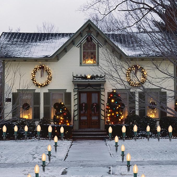 C9 Christmas Pathway Light, Outdoor Christmas Pathway Markers Lights with 27 C9 LED Clear Bulbs, Waterproof Connectable Walkway Lights for Outdoor Yard Holiday Sidewalk Driveway Christmas Decorations