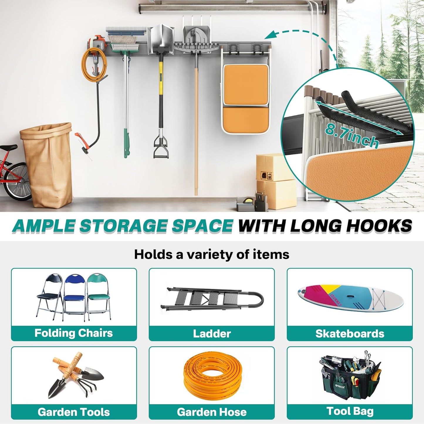 EVERHANGER Garage Tool Storage Organizer, Wall Mount Garden Tool Rack Organization, Heavy Duty Folding Chair Hangers with 12 Adjustable Hooks, Max Load 900lb, 96inch