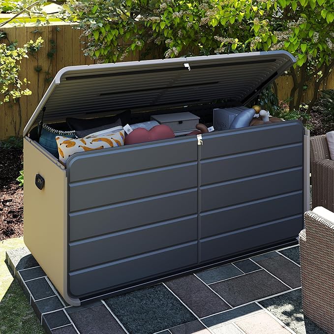 Domi 260 Gallon Resin Deck Box, Waterproof & UV-Resistant Outdoor Large Storage Box Lockable Storage Bin for Patio Cushions Pool Supplies Garden Tools and Delivery Storage