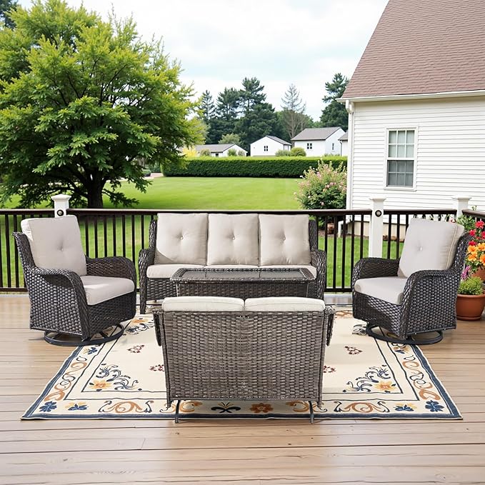 5 Piece Outdoor Patio Furniture Set - Outdoor Conversation Couch and Loveseat Glider Chair Furniture Set with Rattan Coffee Table for Deck Balcony Poolside Brown Wicker/Beige Cushions