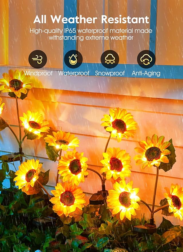 Brightown Outdoor Solar Garden Lights - 4 Pack LED Solar Flower Lights with Larger & More Realistic Sunflowers, Bigger Solar Panel, Waterproof Solar Lights for Outside Yard Patio Garden Decorations