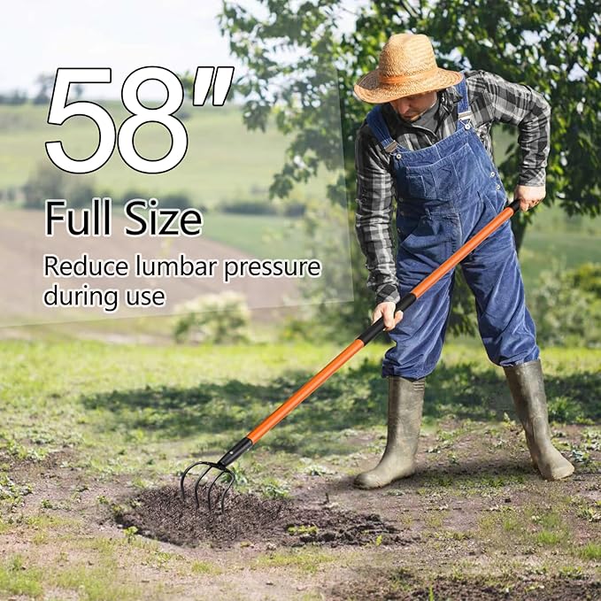 Cultivator for Gardening, 4 Tines Garden Cultivator with Fiberglass Handle, 58 Inches