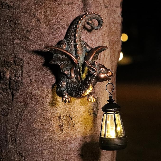 Dragon Solar Garden Statue - Gothic Outdoor Wall Hanging Decor with Solar Light, Fantasy Dragon Figurine for Patio, Yard, or Tree - Unique Whimsical Gift for Adults, Men & Women