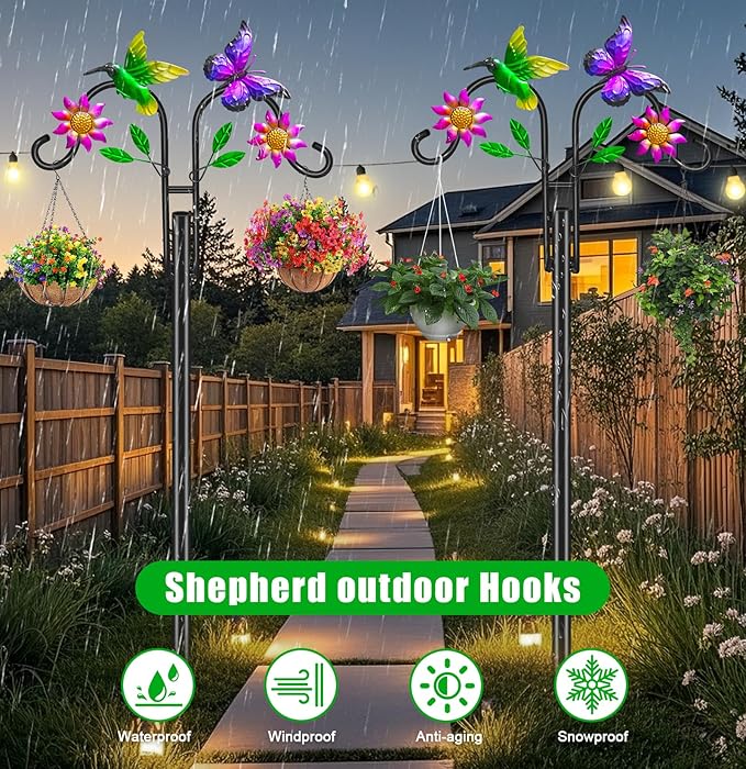 Double Shepherds Hooks for Outdoor, 78 Inch Artistic Hummingbird & Flower Design, 5 - Prong Base, Ideal for Bird Feeders, Baskets & Lanterns (2 Pack)