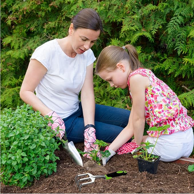 Garden Tool Set, 3 Piece Gardening Tools Includes Garden Trowel, Transplant Trowel and Hand Rake with Non-Slip Ergonomic Handle, Heavy Duty Gardening Kit for Gardening Planting, Gardening Gifts