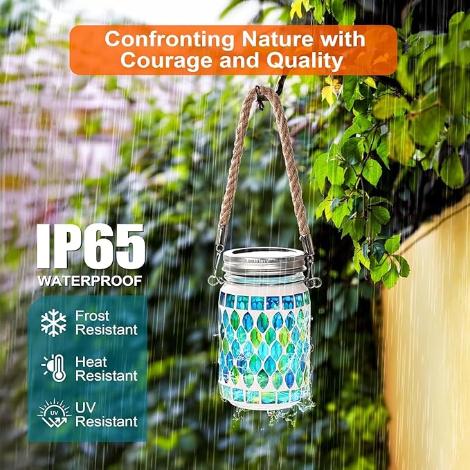 Cooo 4 Pack Mosaic Solar Lanterns Outdoor Waterproof Jar Lights Solar Powered, Hand Paste 141 Crystal Mosaics Table Hanging Garden Backyard Decor Lamps （Just a Little More, Get Double The Deligh