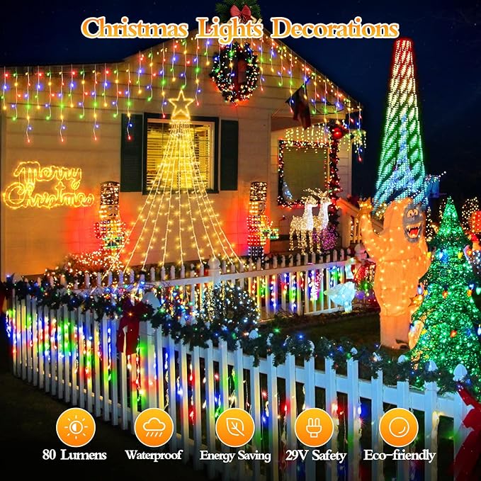 960 LED 98FT Christmas Lights Plug in 8 Modes with Timer Dimmable Christmas Decorations Outdoor Waterproof Indoor Curtain String Lights for Roof Garden Holiday Wedding Party Decor Multi Colored