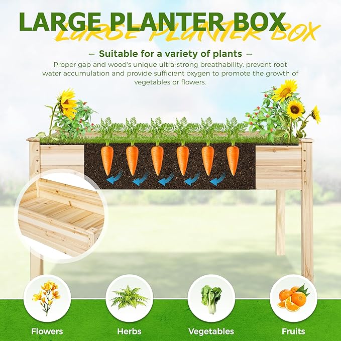 4 Feet Outdoor Wooden Raised Garden Bed Planter Box Kit for Vegetable and Fruit Growing, Patio or Balcony Gardening, Natural