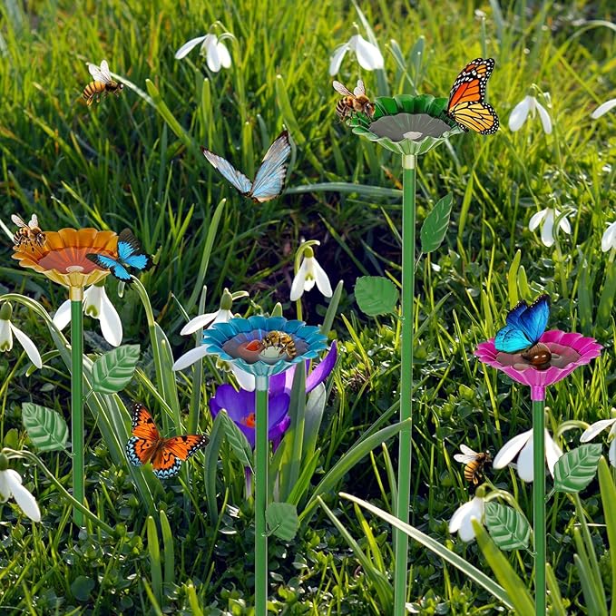 4 Pack Bee Watering Station, Bee Bath for Garden Metal Bee Water Feeder with Flower Design, Colorful Butterfly Bee Bath Bowl for Outdoor Garden Yard Decor (Red,Green,Blue,Yellow)