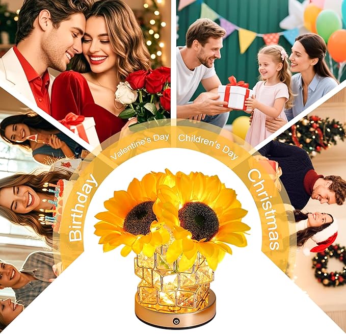 Sunflower Flower Lamp Gifts for Women, 3 Color Dimming Night Light for Womens Mom Her Daughter Christmas Anniversary Birthday Gifts, Bedroom Coffee Shop Decor Rechargeable Cordless Touch Lamp