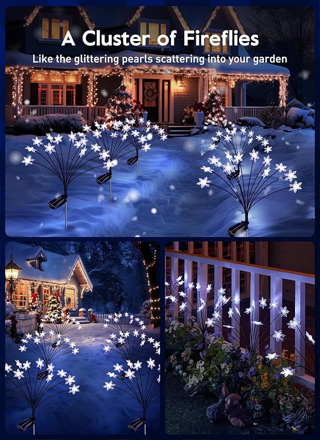 Brightown Christmas Pathway Lights - 4 Pack 48 LED Snowflake Outdoor Lights With 2 Modes, Waterproof Solar Firefly Decoration for Yard, Cool White