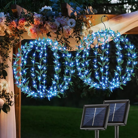 Flacchi Solar Powered Hanging Iron Sphere Lights with Artificial Greenery – 12Inch 120 LED Waterproof Outdoor Decor Ball Light with Timer & 8 Modes – 2 Pack for Garden, Christmas, Weddings(Blue)