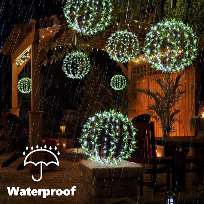 Flacchi Hanging Iron Sphere Lights with Artificial Greenery – 12Inch 120 LED Waterproof Outdoor/Indoor Decor Ball Light with Timer & 8 Modes – 2 Pack for Garden, Christmas, Weddings (Cool White)