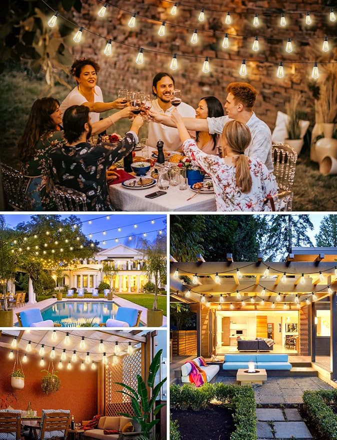Brightever 180FT LED Outdoor String Lights, Dimmable Patio Lights with Remote Control, 56 Shatterproof ST38 Edison Bulbs, 3 Lighting Modes, 3H/5H Timer, Outdoor Hanging Light for Pool，Fence, Garden