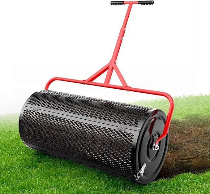 Compost Peat Moss Spreader for Lawn, 30 Inch Compost Roller Spreader with Adjustable T-Shaped Handle, Upgraded Side Clasps, Durable Lightweight Metal Roller, Lawn Garden Yard Care