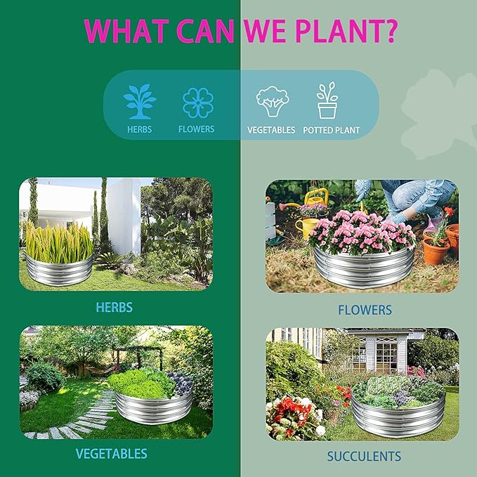 Durable Round Galvanized Steel Raised Garden Bed for Planting,Round Galvanized Steel Fire Ring/Fir Pit 32-Inch for Outdoor,0.8MM Thick (32 ins Diameter x 12 ins high, Silver)