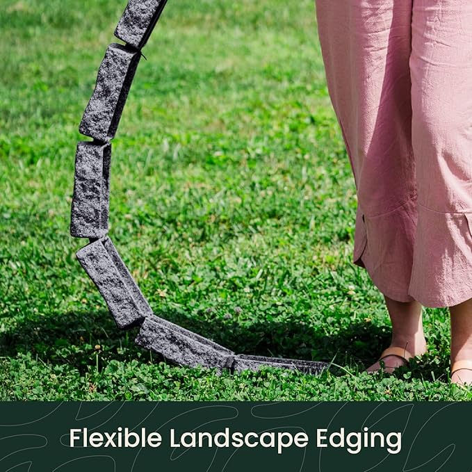 Beuta Landscape Edging | Garden Edging Border | Faux Stone Bricks for Lawn edging, Flower beds, Pathways & Yard Edging– 4 Packs | Each Section Has 6 Bricks 48"L x 4"W x 2.25"H | 12 Spikes |Charcoal