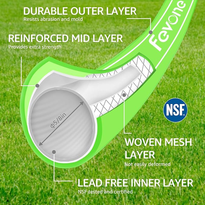 Fevone Garden Hose 50 ft, Heavy Duty Water Hose, Hybrid Polymer, Kink Resistance, Lightweight, Flexibility, Durability, Leak Free, Aluminum Fittings, 3/4" GHT, 5/8" ID, 600 Psi, Drinking Water Safe