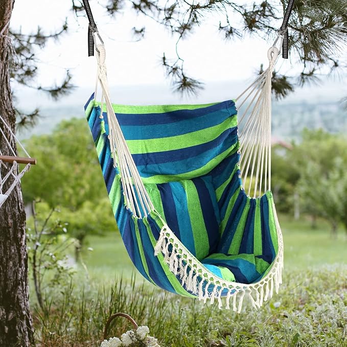 Chihee Hammock Chair Hanging Swing 2 Pillows Included,Strong Webbing Straps and Hooks for Easy Hanging Soft Cotton Hanging Chair Side Pocket Tassel Chair Comfort Indoor Outdoor Blue Green