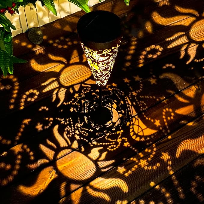 DIBIEECN 4 Pack Sun and Moon Solar Garden Pathway Lights Outdoor,Metal Garden Decorations Outdoor Lights with Patterns and Warm Light,Waterproof Landscape Lighting for Path Patio Backyard Yard