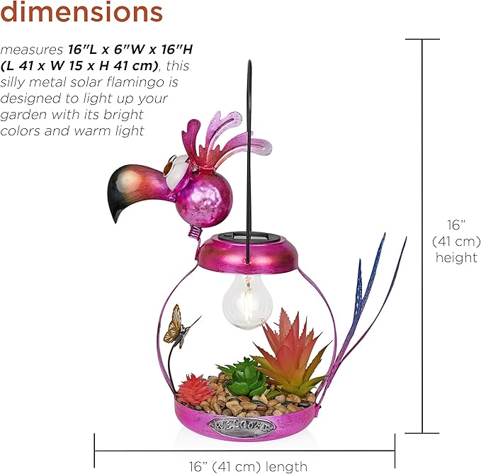 Alpine Corporation LYT288SLR-HH Solar-Powered Metal Flamingo w/Garden Enclosed LED Light, Solar Patio Décor, 16''H, Pink