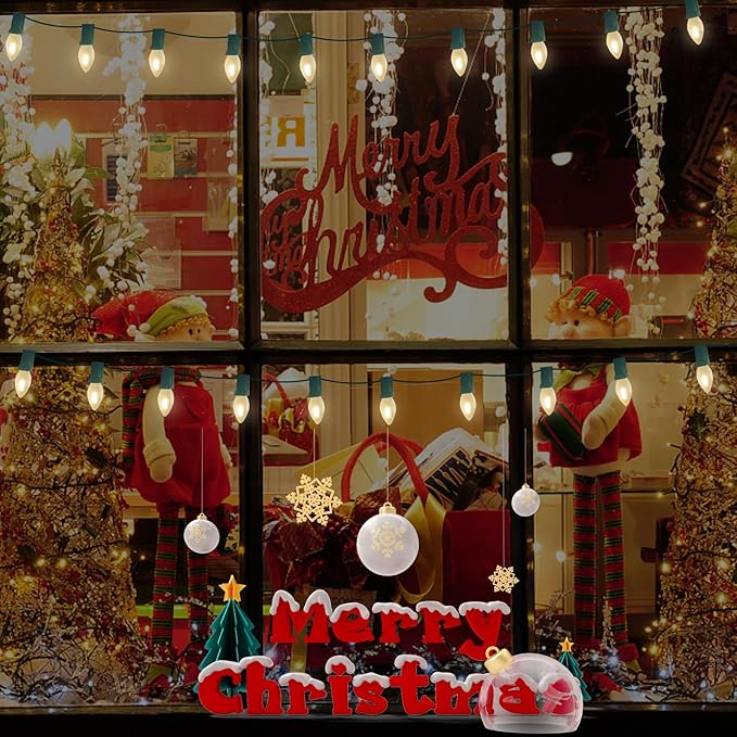 C7 LED Frosted White String Lights Outdoor 25Ft Christmas Decorations String Lights with 27 LED Frosted White Bulbs Hanging Vintage Christmas Lights for Outdoor Patio Garden Backyard Roofline, Green