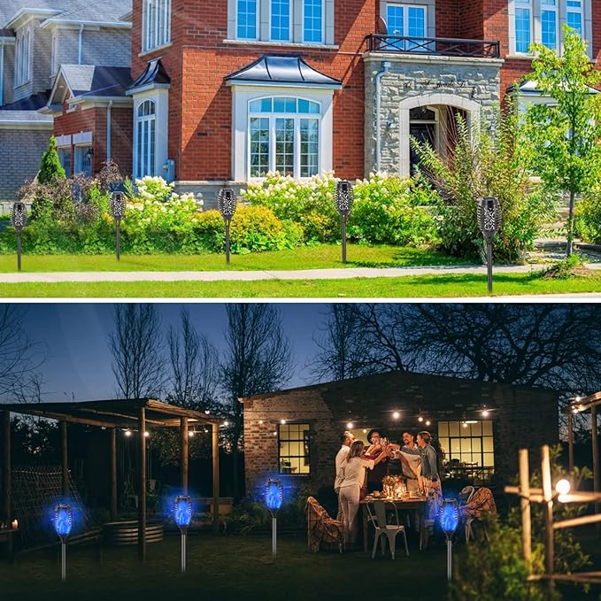 Blue Solar Lights, Halloween Decorations Outdoor 8 Pack Solar Torch Lights with Flickering Flame, 12 LED Mini Tiki Torches Waterproof for Landscape Pathway Dusk to Dawn Auto On/Off