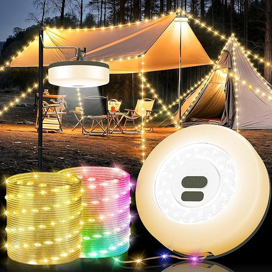 Camping String Lights, 4 in 1 Quick Storage Camping Essentials Gear 32.8FT Rechargeable Tent Lights with 9 Modes Hanging Waterproof LED Camp Lamp for Camping Hiking Patio Garden Festival -Warm +RGB
