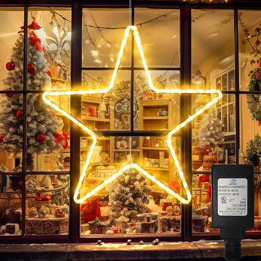 DBFAIRY 19.68" Star Outdoor Christmas Lights, 40 LEDs Christmas Light Up Star with Timer, Hanging Big Star Window Lights Mains Powered for Christmas New Year Holiday Wedding Party Decor, Warm White