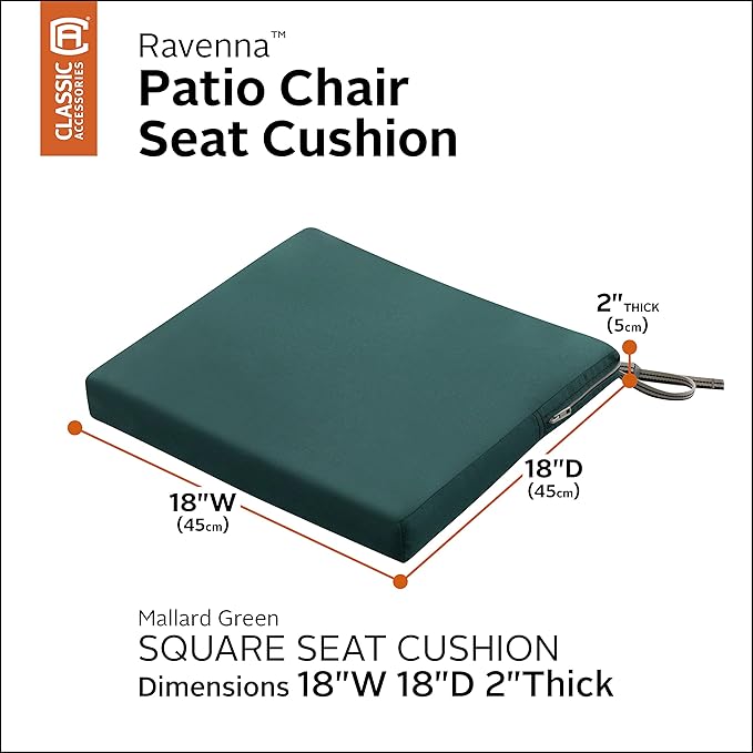 Classic Accessories Ravenna Water-Resistant Patio Chair Seat Cushion, 18 x 18 x 2 Inch, Mallard Green, Patio Furniture Cushions