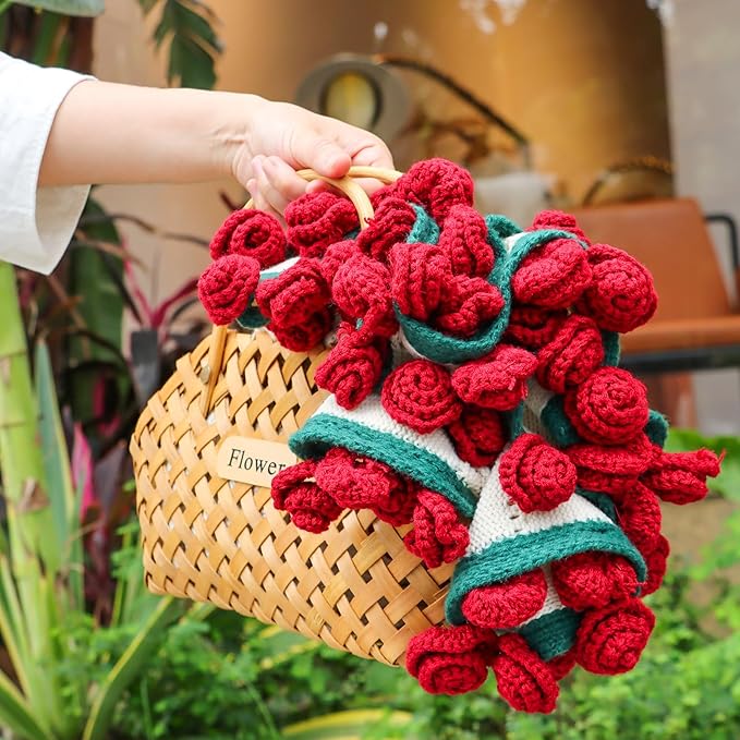 cagulax Rose Crochet Flowers Bouquet Blanket-Birthday Gifts for Mom Sister-Gifts for Couples-Anniversary Wedding Birthday-Romantic Rose Flower Bouquet-Knitted Throw Blankets Home Decor 31 Inches