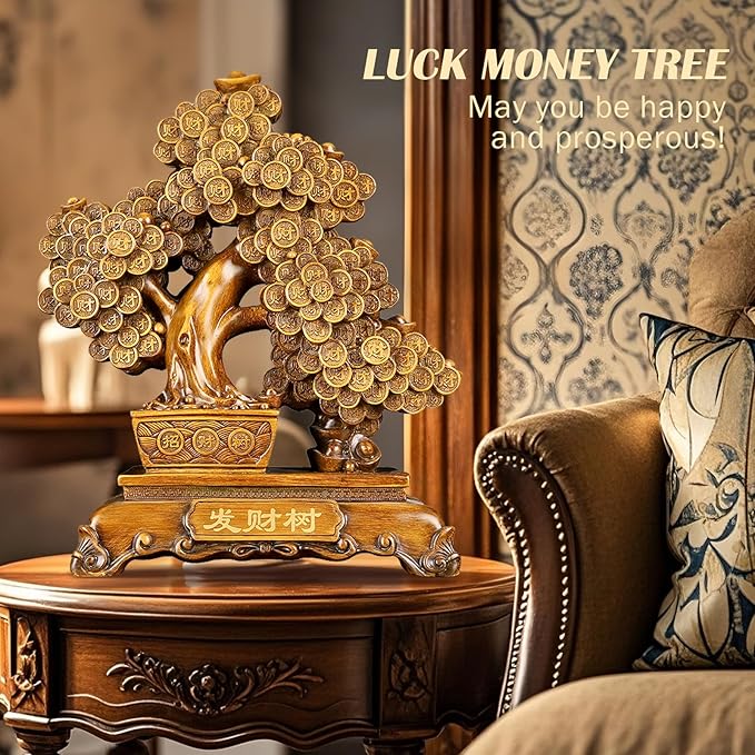 FENGSHUI-CAISHEN Top Resin Money Tree, Artificial Bonsai Tree, Handcrafted, Premium Quality, Feng Shui Gift for Abundance Luck and Success (Brown)