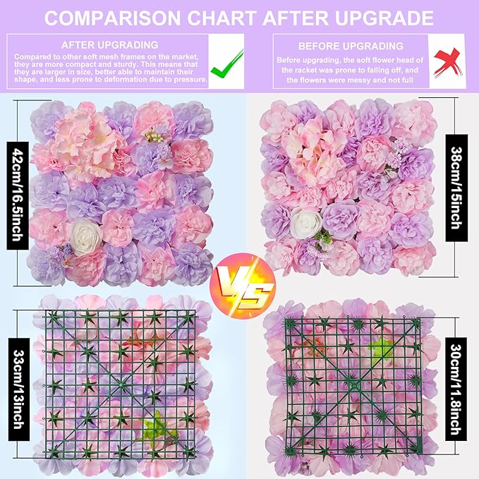Flower Wall Backdrop12 pcs 16.5x16.5 Inch Floral Wall Panel Artificial Silk Rose Wall Decor Ideal for Wedding Celebrations, Festive Party Backdrops, and Home Decor-Pink and Purple