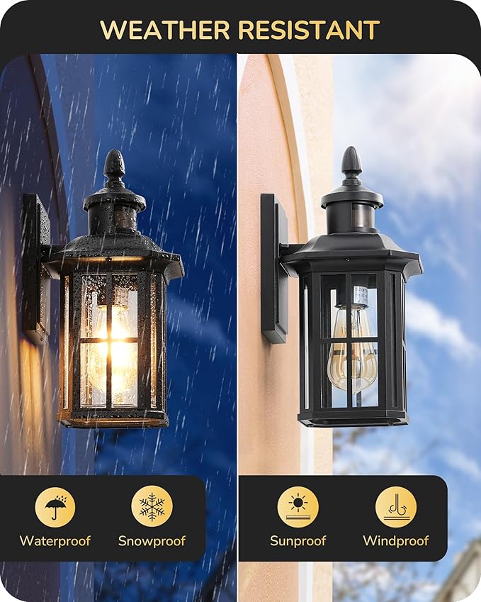 EDISHINE Motion Sensor Outdoor Wall Light, Dusk to Dawn Front Porch Light Fixture, Outdoor Wall Sconce with Clear Glass, Black Exterior Wall Lantern for Door, Garage, Patio, House