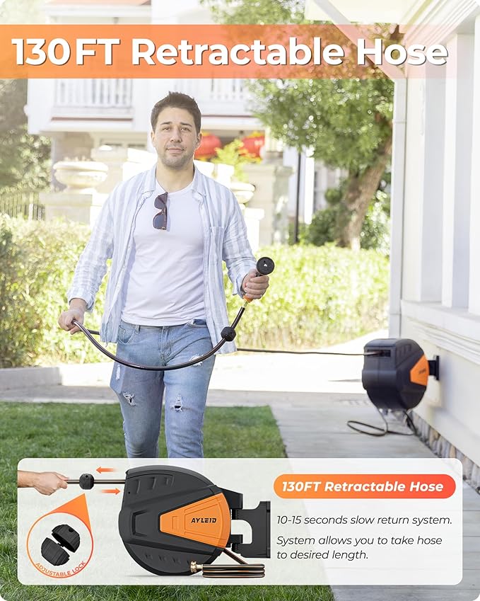 Ayleid Retractable Garden Hose Reel,1/2 in x 130 ft Wall Mounted Hose Reel, with 9- Function Sprayer Nozzle, Any Length Lock/Slow Return System/Wall Mounted/180°Swivel Bracket (Black)