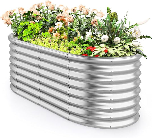 Giantex 5x3x2ft Raised Garden Bed, Large Metal Elevated Oval Planter Bed, 193 Gallon Capacity, Outdoor Planting Garden Box for Vegetable Flower Herb Grow (Silver)