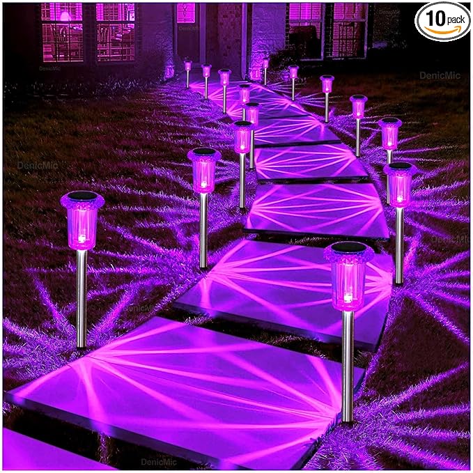 DenicMic Solar Lights Outdoor Pathway Lights LED Waterproof Acrylic Lamp Head Stainless Steel Stake for Yard Garden Landscape Path Walkway Driveway Patio Lawn (Purple 15Pack)