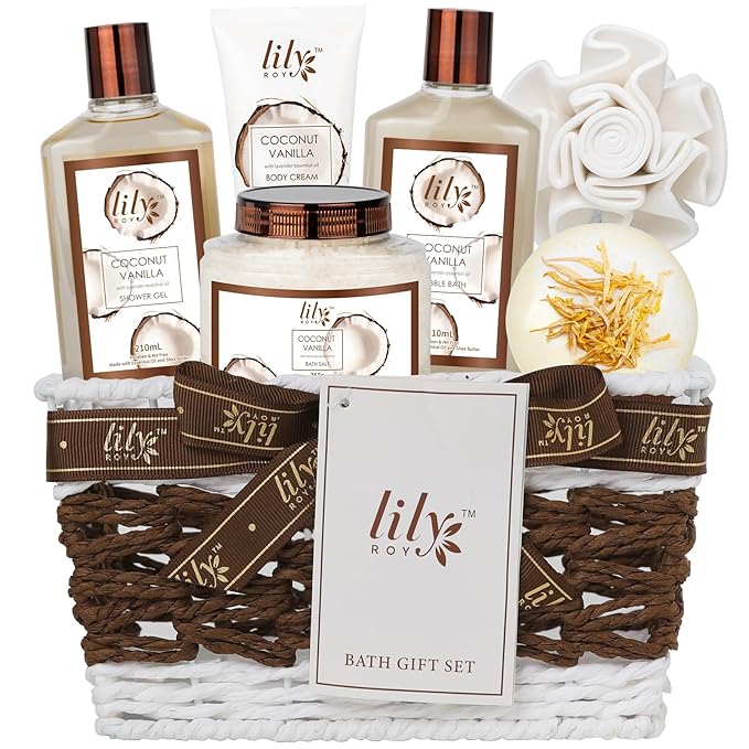 Christmas Gifts for Women - 7 Pcs Coconut Pampering Bath and Body Gift Basket Set for Women, Gift with Shower Gel | Valentine's, Birthday, Mothers Day Gifts for Mom, Perfect Gift for Mom All Occasion