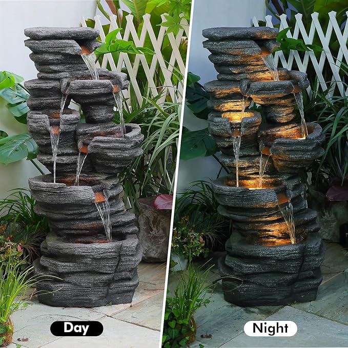 42.5" H Garden Outdoor Water Fountain with LED Lights & Pump, Mutiply-Tier Cascading Outdoor Fountain for Garden,Patio,Porch,Backyard,Home Art Decor
