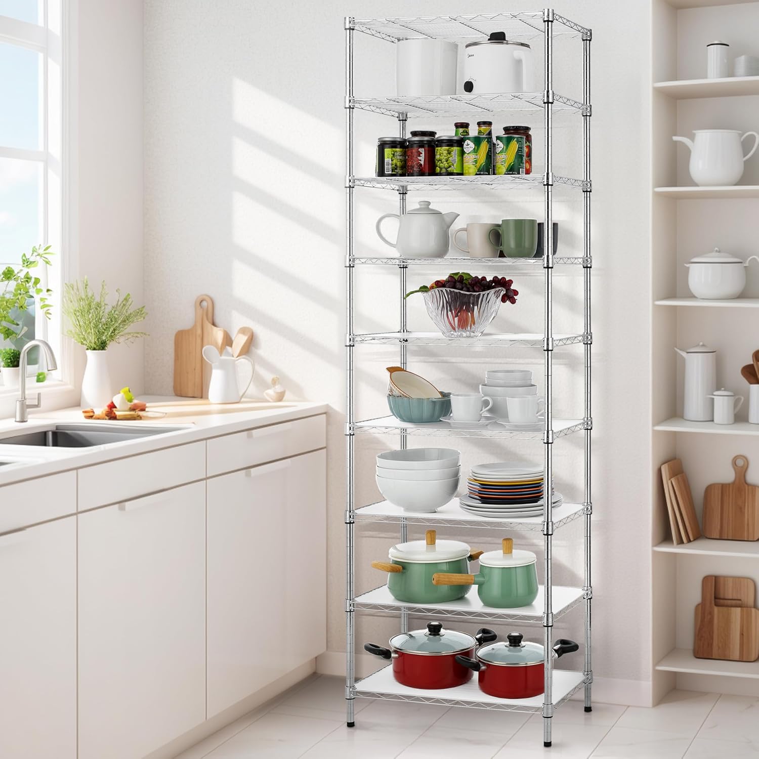 Finnhomy 9-Tier Wire Shelving Unit Adjustable Steel Wire Rack Shelving, 81 Inches Height 9 Shelves Metal Storage Rack, Pantry Shelves for Storage with PE mat, NSF Certified, Chrome